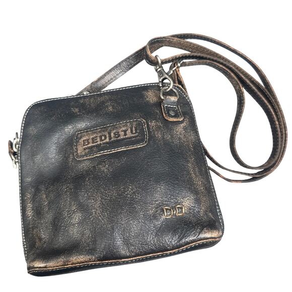 Bed Stu Leather Crossbody Bag Distressed Black Brown Sm Purse Rustic Biker Boho - Picture 1 of 15